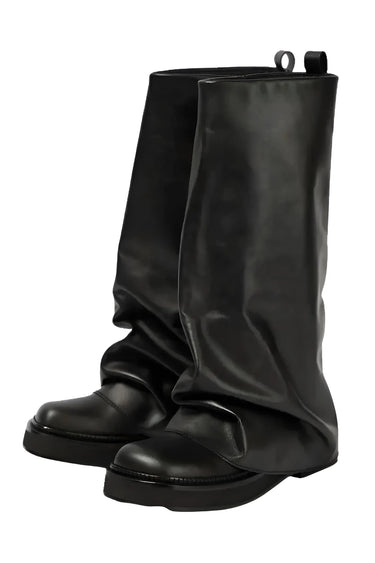 Black knee-high boots on a white background